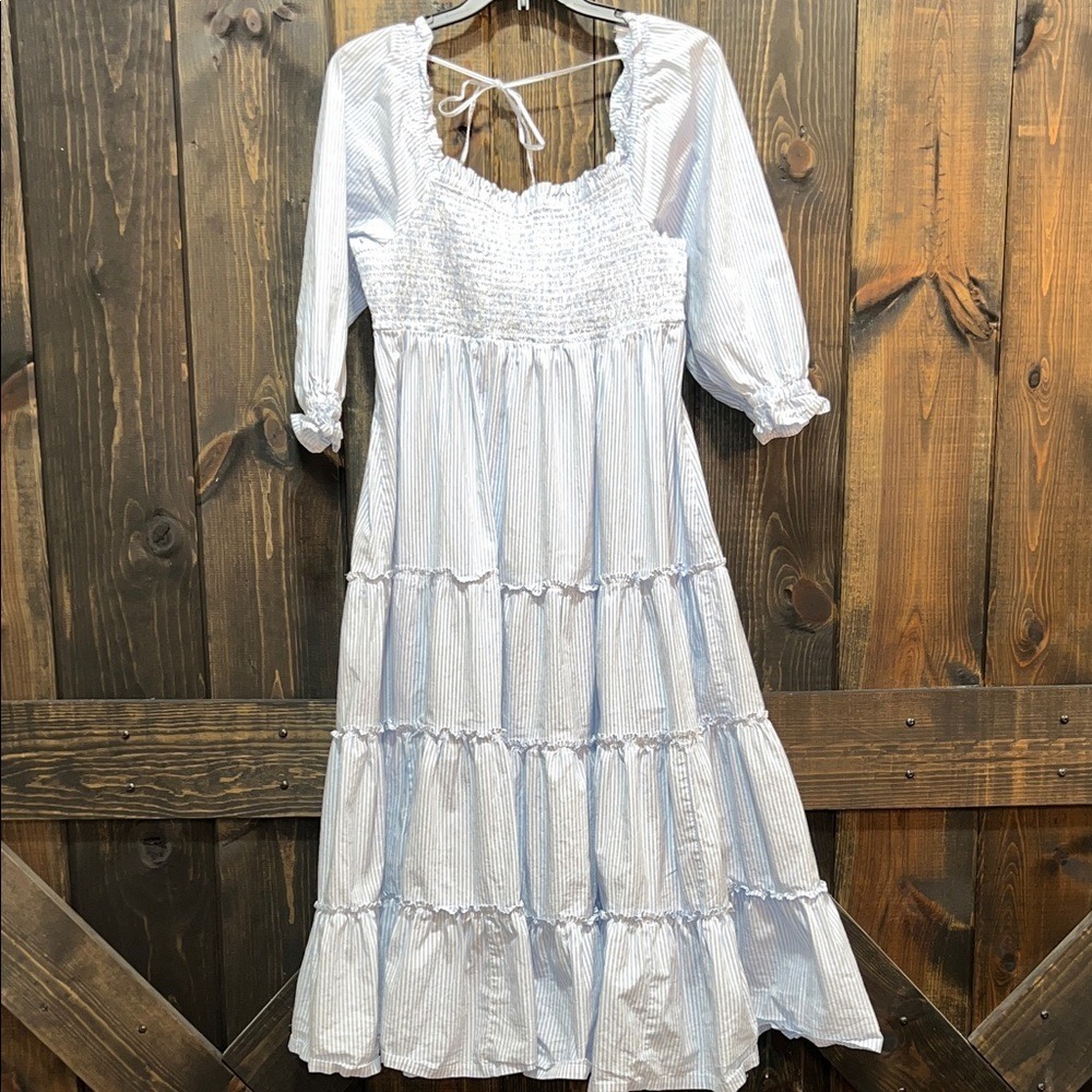 Crown & Ivy Seersucker Striped Midi Dress S Blue White Smocked Romantic Flowy
